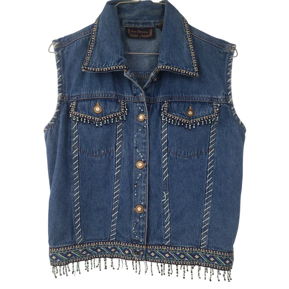NEW DIRECTION Denim Sleeveless Beaded Fringed Vest Top Womens Medium M Festival